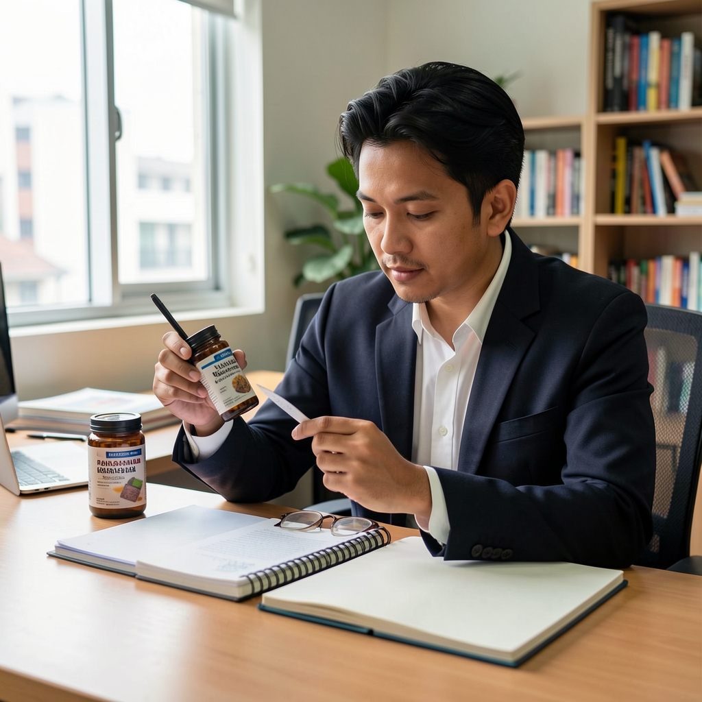 Indonesian editorial writer annotating supplement labels beside a notebook in a Jakarta workspace
