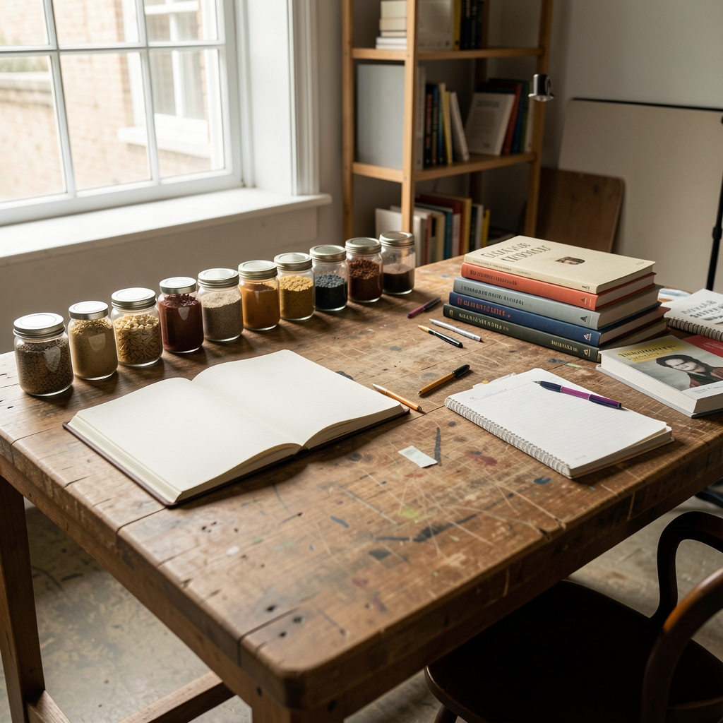 Bright Jakarta editorial studio with open notebooks, ingredient jars, books, and a large worktable