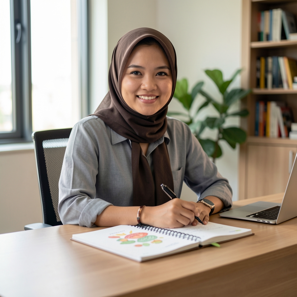 Indonesian editorial writer Adrian Santoso seated at a desk with a marked nutrition notebook