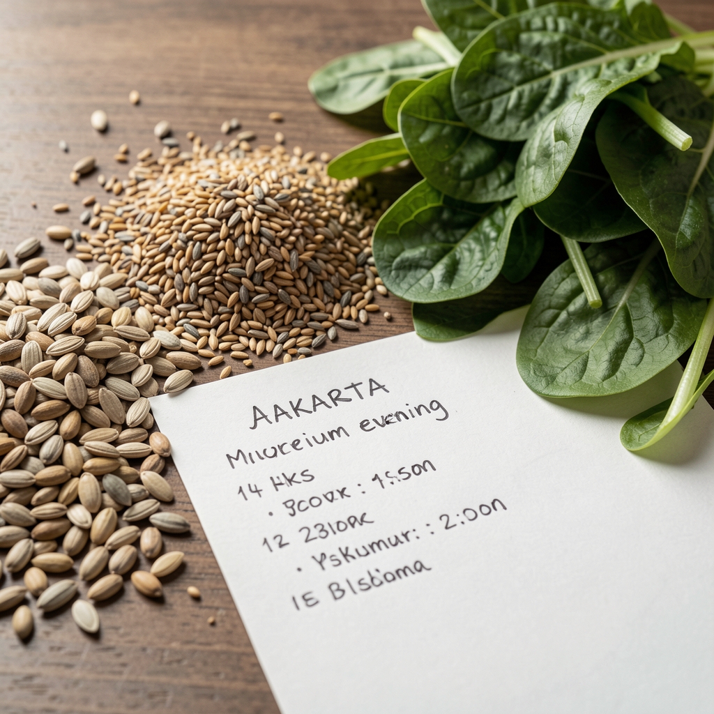 Close editorial still life of magnesium-rich seeds, leafy greens, and a handwritten Jakarta evening schedule