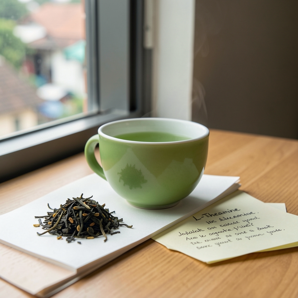 Green tea cup, loose tea leaves, and L-theanine reading notes arranged beside a Jakarta window