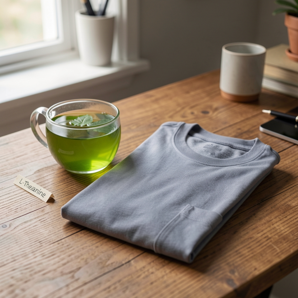Green tea, L-theanine notes, and a folded training shirt on a wooden desk