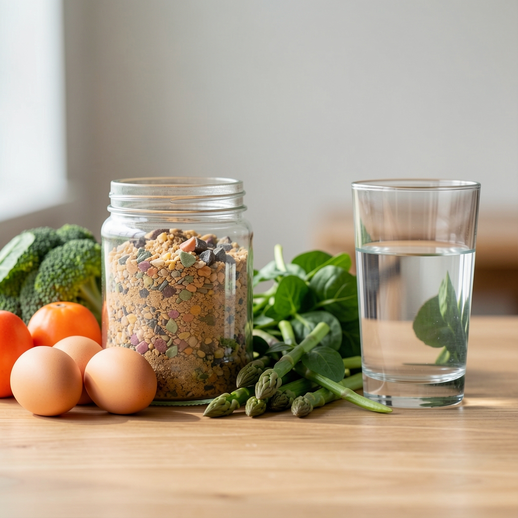 Mineral blend jar beside eggs, vegetables, and a glass of water after training