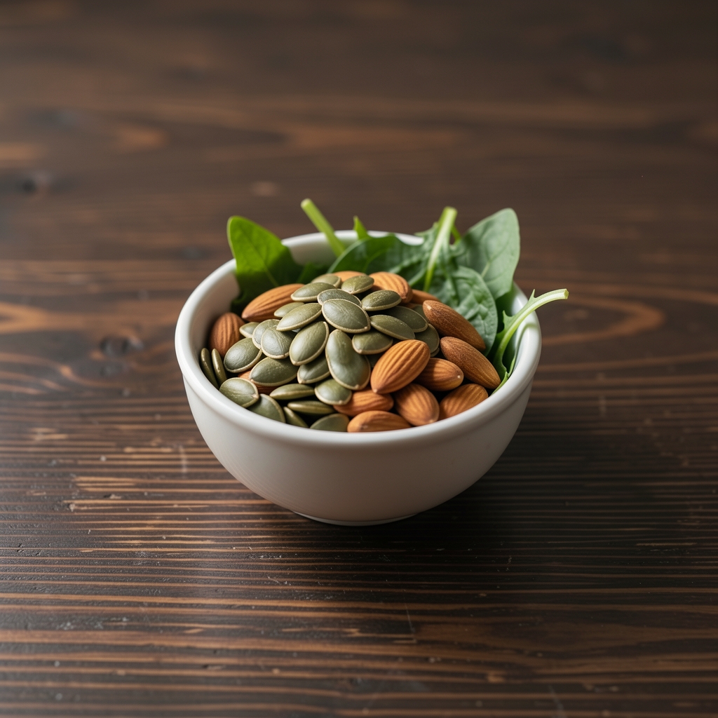 Small bowl of magnesium-rich pumpkin seeds, almonds, and leafy greens on a dark wooden table