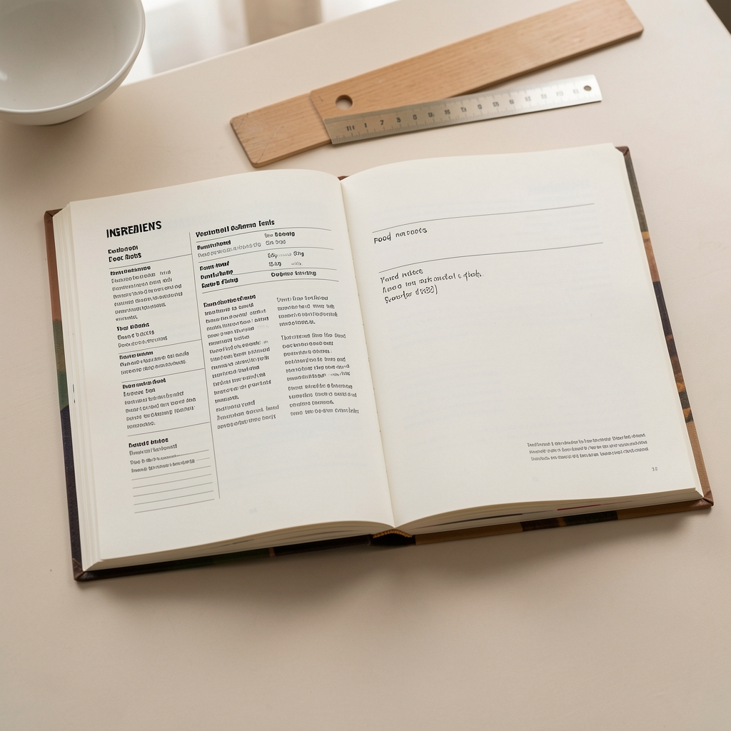 Open editorial workbook with ingredient labels, food notes, and a ruler on a pale desk