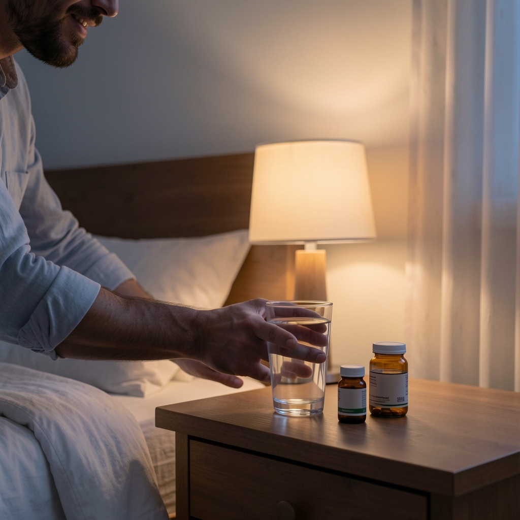 Active Indonesian man placing a glass of water and a small supplement jar on a bedside table at dusk